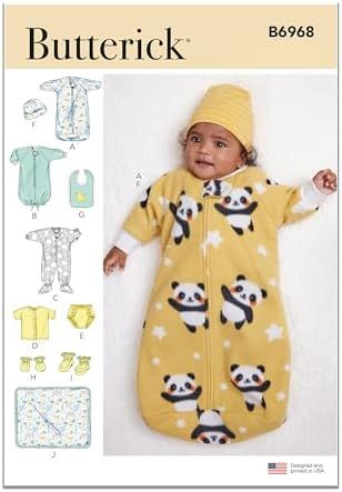 Butterick Infants' Bunting, Jumpsuit, Shirt, Diaper Cover, Hat, Bib, Mittens, Booties and Blanket Sewing Pattern Kit, Design Code B6968, Sizes XXS-XS-S-M-L, Multicolor Blanket Sewing, Baby Bunting, Kit Design, Butterick Pattern, Paper Sewing Patterns, Butterick Sewing Pattern, Hook And Loop Tape, Baby Set, Sewing Skills