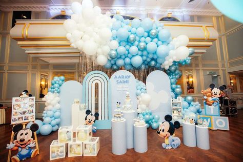 Mickey Baby Birthday, Mickey Birthday Party Ideas, Mickey Mouse Backdrop, 1st Birthday Decorations Boy, First Birthday Theme Boy, Mickey Theme, Baby Boy Themes, Mickey Baby, Mickey Birthday Party