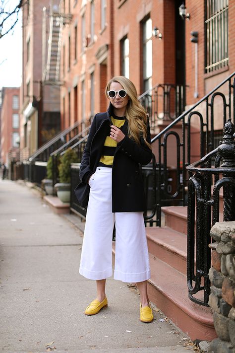 Wide leg pants with yellow loafers // Nautical style on Atlantic-Pacific Yellow Loafers Outfit, Loafers And Dress Outfit, Wide Leg Dress Pants Outfit, White Pants Outfit Winter, Loafer Outfits Women, Dress Pants Outfit, Yellow Shoes Outfit, Yellow Loafers, Loafers Outfit Women