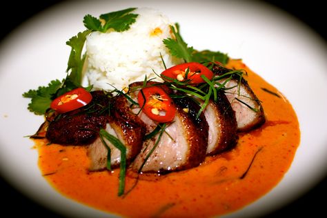 Crispy Duck with Red Curry Sauce | Em's Food for Friends Food For Friends, Duck Curry, Crispy Duck, Red Curry Sauce, Gourmet Food Plating, Fine Dining Recipes, Duck Recipes, Curry Sauce, Just Cooking