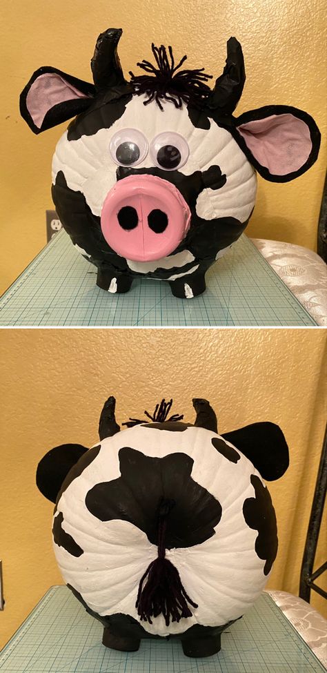 School project Cow Pumpkins Painting, Cow Pumkin Painting, Cow Painting Pumpkins, Painted Cow Pumpkin Ideas, Cow Painted Pumpkin Ideas, Pumpkin Carving Ideas Contest, Pumpkin Painting Ideas School, White Pumkin Decoration Ideas Easy, Pumpkin Cow Painting Ideas