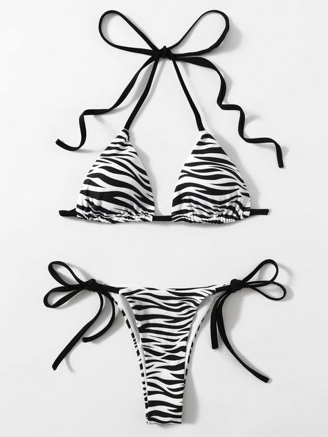 Zebra Striped Halter Triangle Tie Side Bikini Swimsuit | SHEIN USA Bikinis Shein, Mini Denim Skirts, Swimwear Ideas, Summer Bathing Suits, Triangle Swimsuit, Cute Bathing Suits, Summer Swim Suits, Cute Swimsuits, Arctic Monkeys