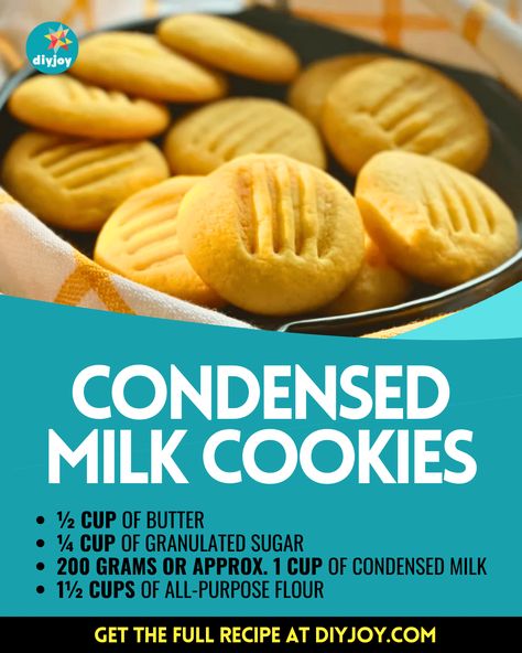 4-Ingredient Condensed Milk Cookies Recipe via @diyjoycrafts Milk Cookies Recipe, Cookie Recipes Condensed Milk, Condensed Milk Biscuits, Condensed Milk Recipes Easy, Condensed Milk Recipes Desserts, 100 Cookies Recipe, Milk Recipes Dessert, Easy Biscuits, Easy Tart Recipes