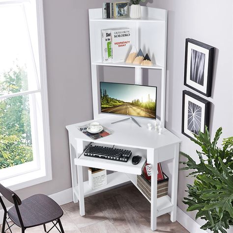 PRICES MAY VARY. 【90 Degrees Triangle Corner Design】Different from the rectangular computer desk, our desk fits nicely in a corner and maximizes the space utilization in your room. The compact size makes full use of home office workspace while providing enough space for writing, working, making up and other activities. 【Desktop Storage Hutch & Shelf】The corner desk features an open hutch for storing daily supplies and displaying decorative items. The protective fence on the edge of the hutch pre White Corner Desk, Corner Desk With Hutch, Bookshelves For Small Spaces, Corner Writing Desk, Desk With Keyboard Tray, Desk With Hutch, Computer Desk With Hutch, Desks For Small Spaces, Corner Computer Desk