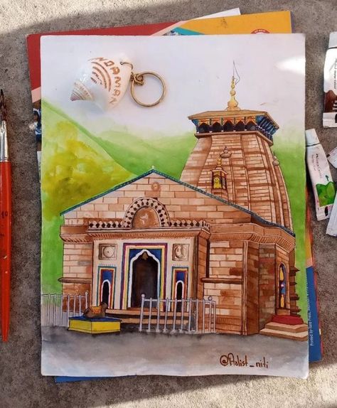 Painting Of Temple, Kedarnath Drawing Easy, Kedarnath Drawing Pencil, Kedarnath Temple Painting Easy, Badrinath Temple Drawing, Kedarnath Painting Canvas, Kedarnath Temple Drawing Simple, Kedarnath Temple Watercolor Painting, Kedarnath Temple Rangoli