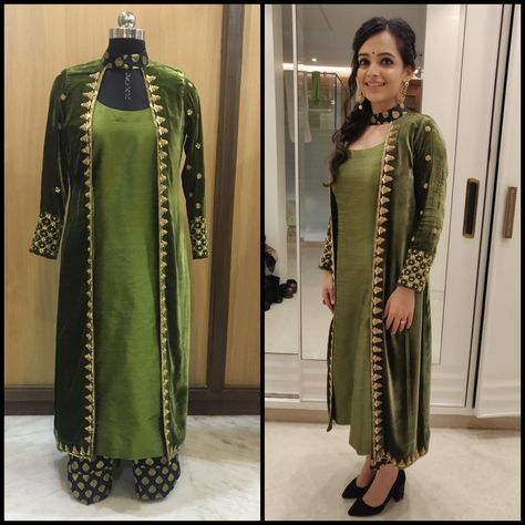 Velvet jacket with antique work on it worn in silk shirt and brocade pants. #fashion #stylish #winterfashion #velvet #silk #loveyourself Velvet With Brocade Pants, Velvet Suit With Brocade Pants, Velvet Jackets Women Indian, Velvet Kurta Designs, Velvet Outfits For Women, Velvet Salwar, Velvet Pakistani Dress, Velvet Jackets Women, Brocade Pants