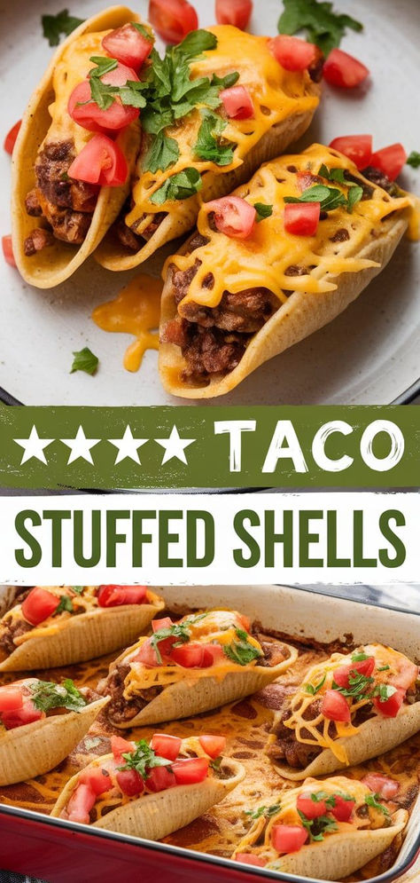 Easy Taco Stuffed Shells – This quick and flavorful recipe combines all your favorite taco ingredients stuffed into pasta shells. Perfect for a busy weeknight, these Taco Stuffed Shells are delicious and satisfying! Mexican Stuffed Shells With Beef, Taco Shells Recipe, Stuffed Pasta Shells Recipe, Baked Taco Shells, Taco Shell Recipe, Shell Pasta Recipes, Shells Recipe, Pasta Meals, Taco Shells