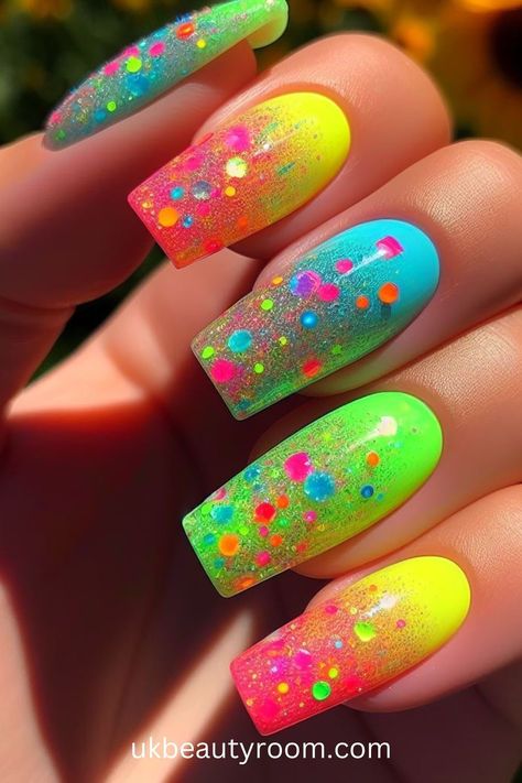 Different Color Nail Designs, Wilderness Nails, Pride Nail Art Designs, Summer Nail Designs Short Nails, Hot Nails Trends 2024 Summer, Neon Almond Shaped Nails, Neon Nails Designs Summer 2024, Fun Neon Nails, Summer Nail Designs 2024