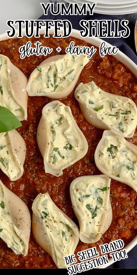 Stuffed shells in a bowl of meat sauce. Dairy Free Stuffed Shells, Dairy Free Ricotta, Jumbo Stuffed Shells, Hiatal Hernias, Gf Dairy Free Recipes, Gf Df Meals, Df Meals, Dairy Free Alfredo Sauce, Ricotta Stuffed Shells