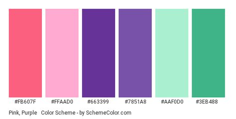 Pink, Purple & Mint Color Scheme » Green » SchemeColor.com Mint And Purple Color Palette, Pink Purple Green Aesthetic, Mint Color Scheme, Color Scheme Green, Mint Color Schemes, Turquoise Color Combinations, Mint Color Palettes, Purple Hex, Mint Green Outfits