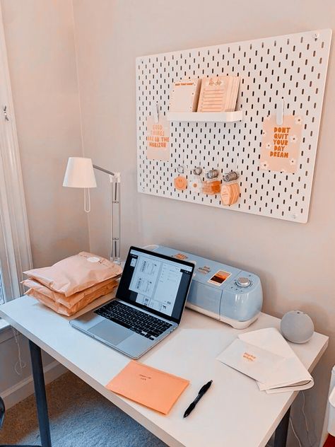 Cricut Business Aesthetic, Vision Board Ideas Small Business, 2024 Vision Board Small Business, Small Business Set Up In Bedroom, Small Business Asthetic Picture, Small Business Orders Aesthetic, Small Art Business Aesthetic, Small Business Aesthetic Packaging, Laptop Covered In Stickers