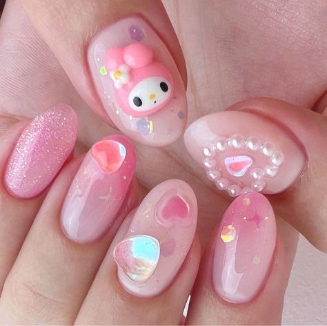 Short Sanrio Nails, Mymelody Nails, Kawaii Short Nails, My Melody Nail Art, Uñas Hello Kitty, My Melody Nails, Japan Nail, Kawaii Nail Art, Short Almond Nails