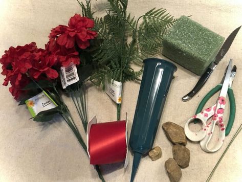 Valentine’s Day Cemetery Decorations, Cemetery Flower Arrangements Diy, Gravesite Christmas Decorations, Diy Cemetery Flower Arrangements, Headstone Decorations Cemetery Diy, Diy Flower Arrangements For Grave, Christmas Cemetery Vase Arrangements, Winter Cemetery Arrangements, Gravesite Decorations Diy