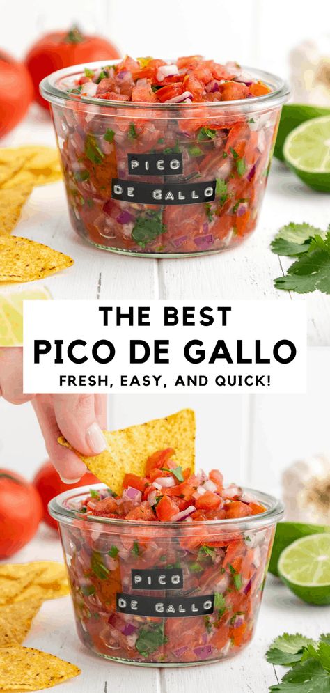 This homemade pico de gallo recipe is easy, authentic, and ready in 10 minutes! Also known as salsa fresca, it's loaded with tomatoes, red onion, cilantro, lime juice, and jalapeño. Enjoy it as a healthy dip or condiment for Mexican dishes - like tacos, nachos, and burritos! #picodegallo #salsa #salsafresca #mexicanfood #pico #appetizer #dip #vegan #tomatoes Mexican Veggie Recipes, Picodegallo Salsa, Gf Dips, Vegan Fasting, Pico De Galo Recipes, Vegetable Salsa, Vegan Salsa, Homemade Pico, Dip Vegan