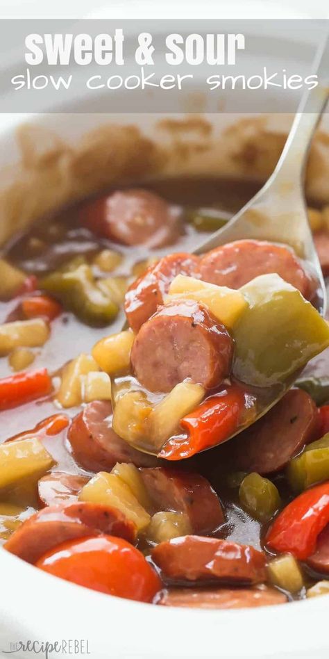 These Sweet & Sour Slow Cooker Smokies are an easy holiday appetizer or weeknight meal! Just a few minutes prep and let them cook away in the crockpot. Includes step by step recipe video. Lil Smokies Recipes, Little Smokies Recipes, Easy Potluck Recipes, Smokies Recipe, Little Smokies, Slow Cooker Appetizers, Lil Smokies, Holiday Appetizers Easy, Potluck Desserts