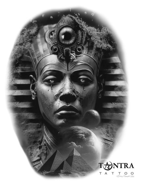 Black Egyptian Tattoo, 3rl Tattoo Design, Black And Grey Tattoo Design Realistic, Egyptian Pharoah Tattoo, Pharaoh Tattoo Design, Black And Grey Realism Tattoo Design, Tantra Tattoo, Egypt Tattoo Design Ideas, Pharoah Tattoo