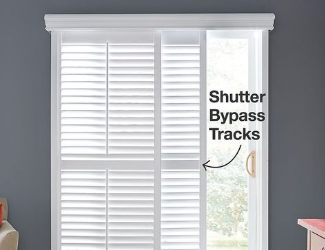 Bali Shutter bypass track Bypass Shutters For Sliding Glass Doors, Slider Blinds Ideas, Window Treatments For Sliding Doors, Sliding Glass Door Shutters, Shutters For Sliding Glass Doors, Sliding Door Coverings, Patio Door Shutters, Sliding Door Shutters, Patio Sliding Doors