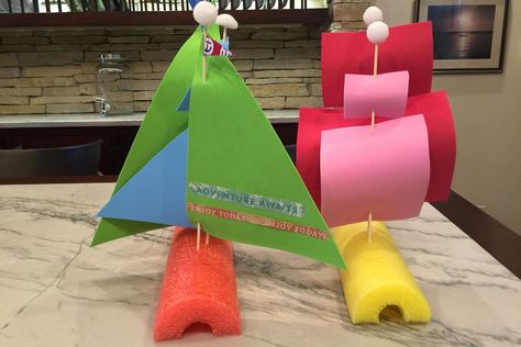 How to Make Pool Noodle Sailboats: A Fun & Economical Craft for Kids #30secondmom Noodle Crafts For Kids, Noodle Crafts, Diy Puffy Paint, Sailboat Craft, Cub Scout Crafts, Vacation Bible School Craft, Pool Noodle Crafts, Boat Crafts, Bible School Crafts