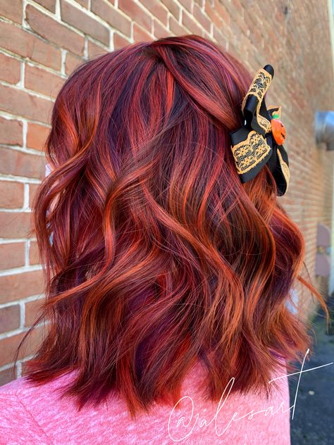 Fall Hair Colors Dimensional, Call 2023 Hair, Hair Color Ideas For Brunettes Red Ombre, Medium Length Haircut For Red Hair, Burgundy Hair With Orange Highlights, Purple And Orange Highlights Brown Hair, Red Copper Hair Color With Highlights, Red Hair With Vivid Highlights, Short Fall Hair Color 2023