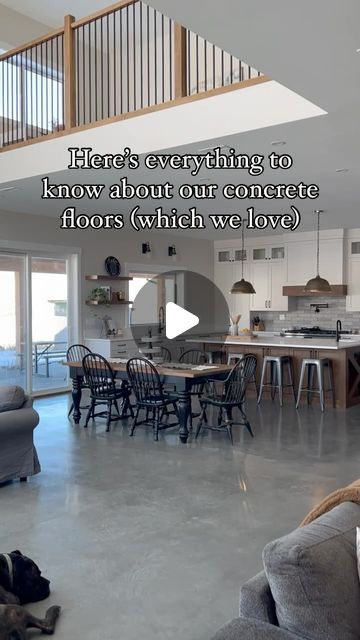 Cole & Morgan on Instagram: "Our concrete floors in our Barndominium get so many questions!!   There and many different ways to go about concrete floors with different stains, color, texture , polish etc. here is what we did to achieve the beautiful floors we have in our Barndo🏡🌾   Sooo would you put concrete floors in your home/Barndo!?   #barndominium #barndominiumhome #barndominiumliving #concretefloors #radiantheat #dreamhome #rustichome #shophouse #shouse #barndo #homeideas #countryhome #polishedconcrete" Stained Concrete Living Room, Kitchen Ideas Concrete Floor, Barndominium Kitchen Concrete Floors, Concrete Floor Kitchen Ideas, Waxed Concrete Floor, Barndominium Cement Floors, Indoor Concrete Floor Ideas Living Room, Cement Epoxy Floor, Stamped Concrete Indoors