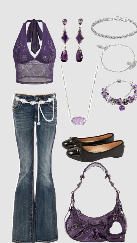 a cute purple outfit 💜 2000s Fashion Outfits Purple, Purple Tops Outfit, Purple Outfit Ideas Aesthetic, Dark Purple Fits, Purple 2000s Outfit, Purple 2000s Aesthetic, Outfits With Purple, Purple Hair Outfit What To Wear With, Purple Outfit Ideas Casual