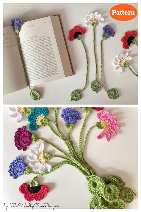 Wildflower Bookmarks Crochet Pattern Bookmarks To Crochet, Crochet Flower Bookmarks, Crocheted Book Marks, Crochet Bookmark Pattern Free, Flower Bookmarks, Bookmark Crochet Pattern, Crocheted Bookmarks, Crochet Flower Bookmark Free Pattern, Crochet Flower Bookmark