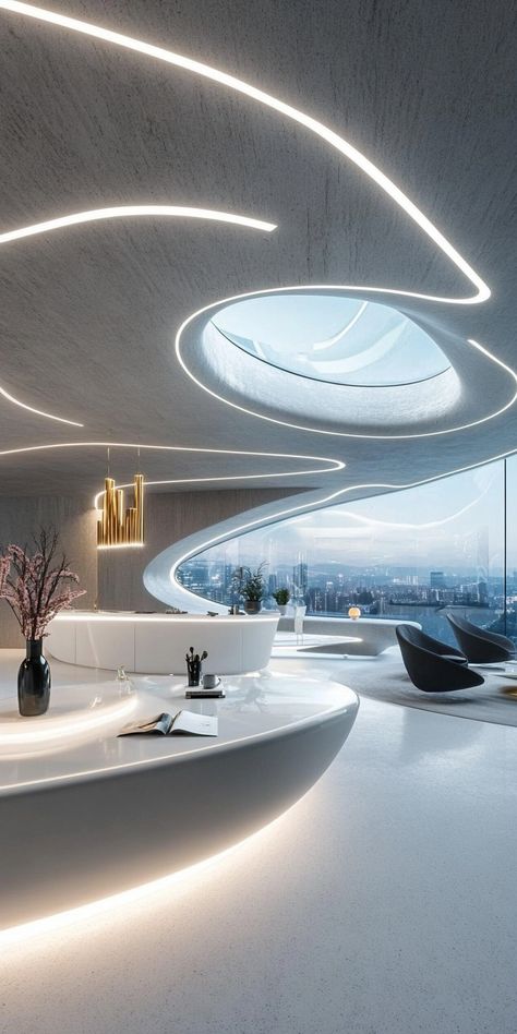 futuristic Lounge Futuristic Reception Area, Futuristic Lobby, Futuristic Reception, Sci Fi Office, Futuristic Lounge, Futuristic Elegance, Futuristic Interior Design, Lobby Ideas, Episode Backgrounds