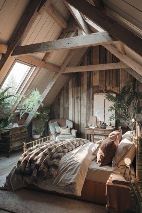 Cozy attic bedroom with sloped wooden ceiling, a brass bed, and natural light from a skylight. Rustic Attic Bedroom Ideas, Rustic Loft Bedroom Ideas, Rustic Loft Bedroom, Cozy Attic Spaces, Rustic Attic Bedroom, Cozy Attic Bedroom, Rustic Attic, Bedroom Makeover On A Budget, Attic Bedroom Ideas