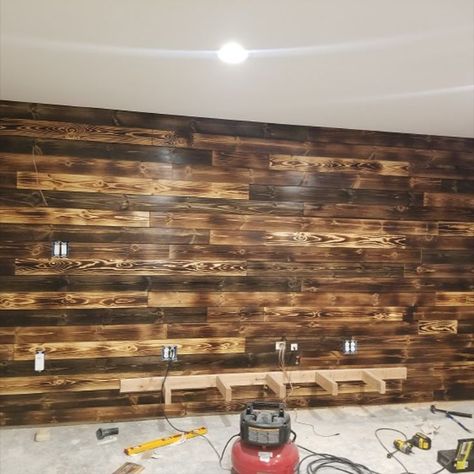 Burnt Shiplap Wall, Burnt Pine Wood Wall, Fence Picket Shiplap Wall, Burnt Wood Accent Wall, Shiplap Stained Wall, Man Cave Accent Wall Ideas, Horizontal Wood Accent Wall, Stained Shiplap Wall, Wood Accent Wall Diy