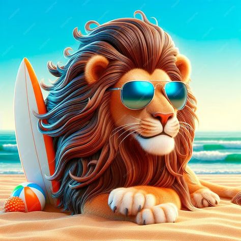 Premium Photo | Lion with surfboard on the beach 3d illustration 3d Lion, Halloween Pics, Washable Bathroom Rugs, Animals Amazing, Pet Safety, How To Trim Eyebrows, Halloween Pictures, Animal Theme, 5d Diamond Painting