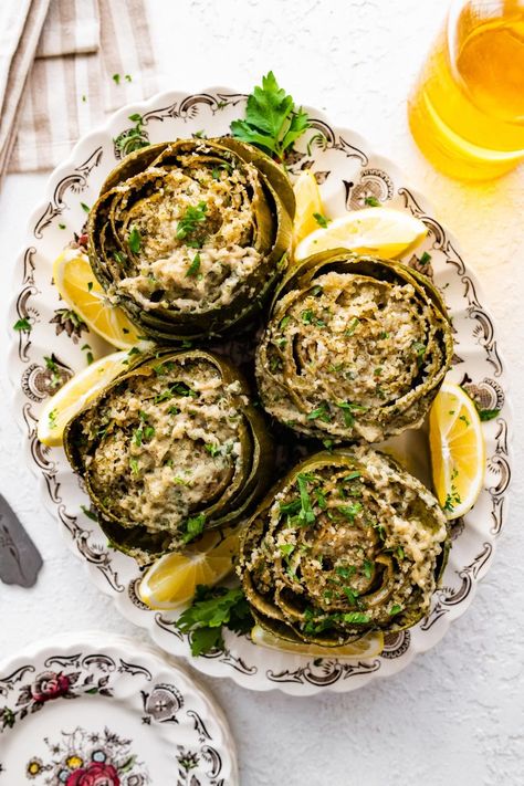 Italian Stuffed Artichokes Recipe (Sicilian Style) - CucinaByElena Jimmy Dean Sausage Dip, Italian Stuffed Artichokes, Sausage Dip Recipe, Stuffed Artichokes, Sausage Dip, Chicken Pot Pie Casserole, Sicilian Style, Stuffing Ingredients, Pecorino Romano Cheese