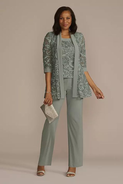 Three-Quarter Sleeve Soutache Embroidered Pantsuit | David's Bridal Bride Pantsuit, Mother Of The Bride Trouser Suits, Dressy Pant Suits, Elegant Pants Suits, Mother Of The Bride Suits, Wedding Pantsuit, Bride Suit, Knee Length Jacket, Dressy Pants