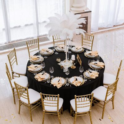 Black And Gold Tablescape, Black Table Linens Wedding, Black Tablecloth Wedding, Pan Nachos, Moms 60th, Round Table Cloth, Progressive Dinner, 50th Birthday Party Decorations, Black Tablecloth