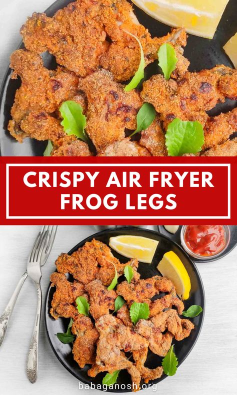 This is a great beginner frog legs recipe, since it takes 20 minutes from scratch and the air fried frog legs come out super crispy and delish - sort of like chicken wings! These frog legs are coated in a simple breading mixture and cook up in less than 10 minutes. Serve with your favorite dip (lots of ideas included in the recipe) and pair with your favorite sides (read the recipe for what to serve with frog legs). A great French recipe to try if you're into unique meats and game meats. Frog Legs Recipe Air Fryer, Frog Legs Recipe Fried, Frog Legs Recipe, Fried Frog Legs, Sauce Cocktail, Panko Crumbs, Like Chicken, Favorite Dips, Air Fryer Dinner Recipes