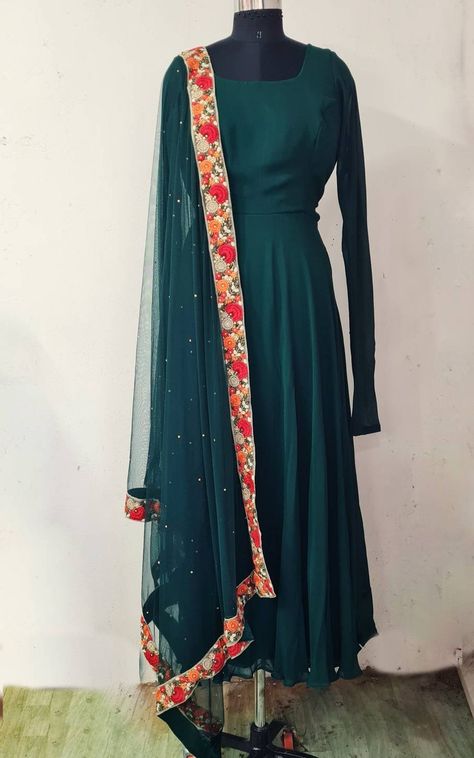 Bottle Green Georgette Anarkali With Net Dupatta and Matching - Etsy India Bottle Green Contrast Color Suit, Bottle Green Anarkali, Green Contrast Color, Flared Anarkali, Simple Long Dress, Silk Anarkali Suits, Georgette Anarkali, Dress Book, Fashion Vocabulary