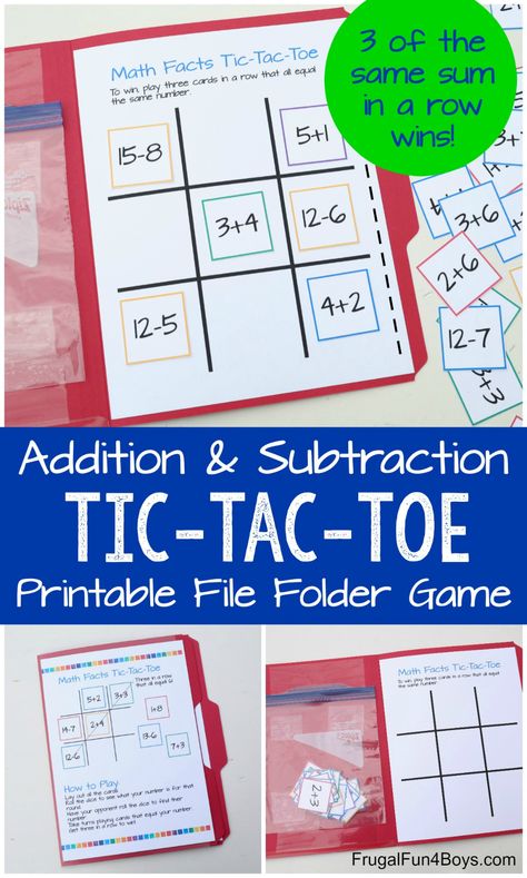 Addition and Subtraction Tic-Tac-Toe Math Game - Frugal Fun For Boys and Girls Subtraction Games First Grade, Subtraction File Folder Games, Math File Folder Games 1st Grade, File Folder Games For First Grade, 1st Grade Subtraction Games, 2nd Grade Math File Folder Games, Subtraction Games For First Grade, Aba Activities, Game For Kindergarten