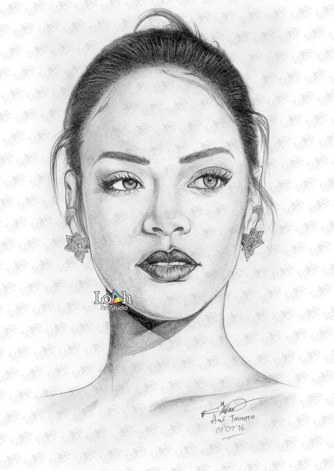 Rihanna - Graphite pencil sketch by Awi Tanrere Rihanna Drawing Cartoon, Rihanna Sketch, Rihanna Drawing, Rihanna Art, Portrait Au Crayon, Celebrity Art Drawings, Pencil Sketches Easy, Glow In Dark Party, Beginner Sketches