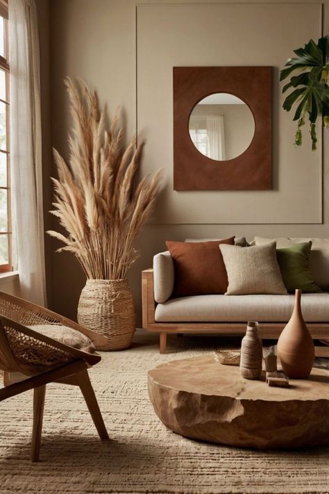 Elegant boho living room with neutral-toned sofa, cozy pillows, wooden coffee table, pampas grass in a woven basket, and modern mirror for stylish decor. Elegant Boho Living Room, Sofa Cozy, Cozy Pillows, Large Woven Basket, Boho Living Room Decor, Cozy Pillow, Stylish Living Room, Modern Mirror, Wooden Coffee Table