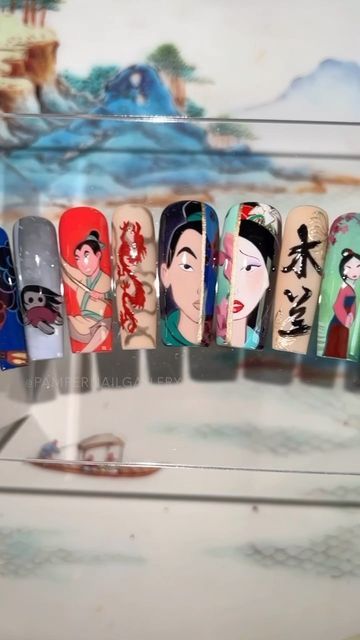 Mulan Nail Art, Mulan Nails, Nail Glow, Character Nails, Texas Nails, Disney Inspired Nails, Disney Nail, Miami Nails, Custom Character