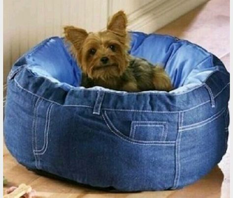 Use your sewing skills to make a cute and comfy pet bed from old blue jeans! Återvinna Jeans, Old Jeans Recycle, Artisanats Denim, Small Pet Bed, Diy Sy, Blue Jeans Crafts, Denim Projects, Recycled Jeans, Denim Ideas