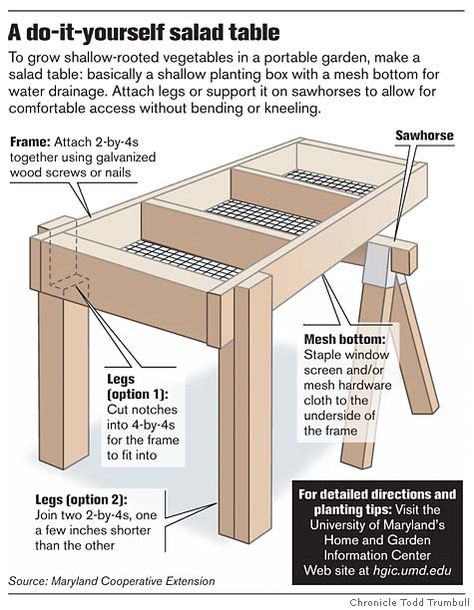 When Jon Traunfeld, a regional specialist for the University of Maryland Cooperative Extension, showed me his homemade salad table, I wanted one, and I wanted to put it right outside my kitchen door.  [...] in the heat of August you can grow lettuces and other salad greens in full shade.  Lettuces, arugula, bok choy, mustards and many other greens are all shallow-rooted vegetables that can thrive, believe it or not, in 3 inches of potting soil, especially if it's enriched with compost.  Traunfel Garden On Wheels, Salad Table, Elevated Gardening, Portable Garden, Growing Lettuce, Diy Raised Garden, Raised Garden Beds Diy, University Of Maryland, Veg Garden