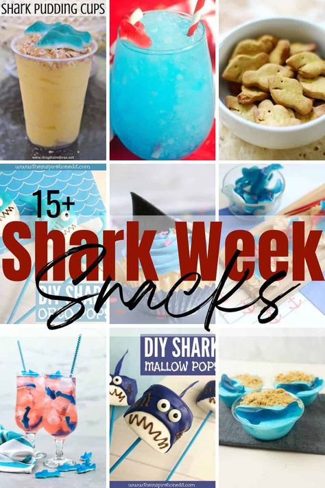 Shark Week Drinks For Kids, Shark Week Themed Food, Shark Week Desserts, Jaws Themed Food, Shark Week Dinner Ideas, Shark Week Food Ideas, Shark Food Ideas, Shark Cuterie Board, Shark Week Party Food