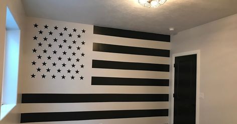 American Flag Accent Wall, American Flag In Bedroom, American Flag Mural, Military Bedroom Ideas, American Flag On Wall, Flags In Bedroom, American Flag Room, American Flag Bedroom, Boxing Room