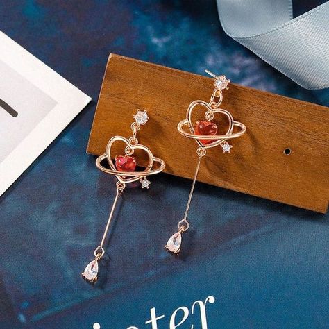 Sailor Moon Earrings, Saturn Earrings, Love Earrings, Earrings Heart, Magical Jewelry, Heart Drop Earrings, Earrings Red, Trendy Earrings, Threader Earrings