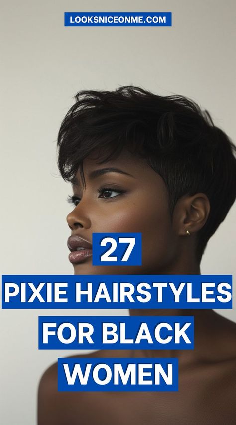 Try a pixie cut for a fun, stylish change! These hairstyles offer volume, texture, and definition, bringing out your best features with a carefree, trendy vibe. Perfect for any season! #BlackWomenHairstyles #PixieCutInspo Short 27 Piece Hairstyles, African American Short Haircuts, Pixie Hairstyles For Black Women, Short Quick Weave Styles, Black Pixie Haircut, Short Haircuts Black Hair, Short Quick Weave Hairstyles, Short Black Haircuts, Black Pixie Cut