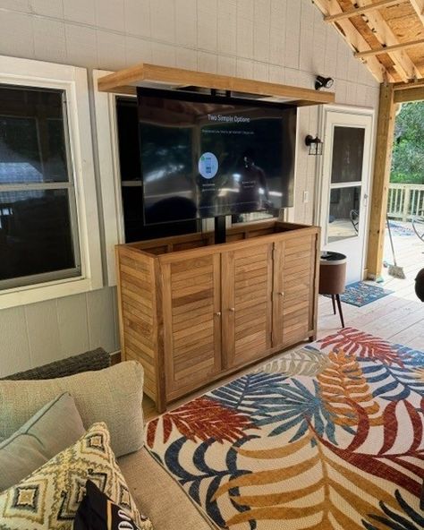 There is plenty of time left this summer to enjoy the Weatherproof Touchstone TechTeak® Outdoor TV Lift Cabinet! Thanks to customer Latisha West (@madi_s_honey) for sharing her candid photos and feedback, "Thank you so much for my beautiful piece of furniture . It was a fast delivery, easy process. I appreciate your company". Watch your favorite show, movie or sporting event from the comfort of your outdoor living area. The new Touchstone TechTeak® collection makes it easy to protect your ... Outdoor Tv Storage, Outdoor Tv Lift Cabinet, Tv Lift Mechanism, Outdoor Tv Cabinet, Standing Fireplace, Tv Lift Cabinet, Tv Lift, Show Movie, Favorite Show