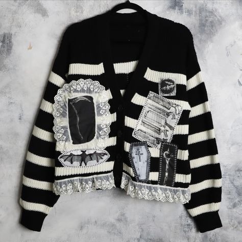 🗡️🦝🦷knit patched cardigan// I made one of each size from sizes XS - 2XL !🦝🦔 dropping 15th June // 6pm UK time C 21, Patch Cardigan, Stripe Cardigan, Fashion Project, Striped Cardigan, Unique Charms, Clothing Items, Stitching, Im Not Perfect