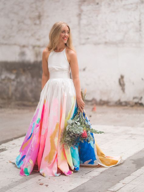 Our Favorite Wedding Dresses with a Pop of Color! - Green Wedding Shoes Rainbow Wedding Dress, Hand Painted Wedding Dress, Sukienki Maksi, Painted Wedding Dress, Shoes Minimalist, Halter Wedding, Easter Dresses For Toddlers, Green Wedding Dresses, Popular Wedding Dresses