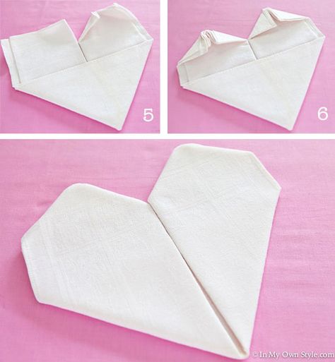 Valentine’s Table: Easy Heart Shaped Napkin Fold - In My Own Style Napkin Folding Rose, Paper Napkin Folding Ideas, Napkin Origami, Romantic Dinner Tables, Napkin Folding Ideas, Paper Napkin Folding, Tie The Knot Wedding, Folding Ideas, Easter Napkins