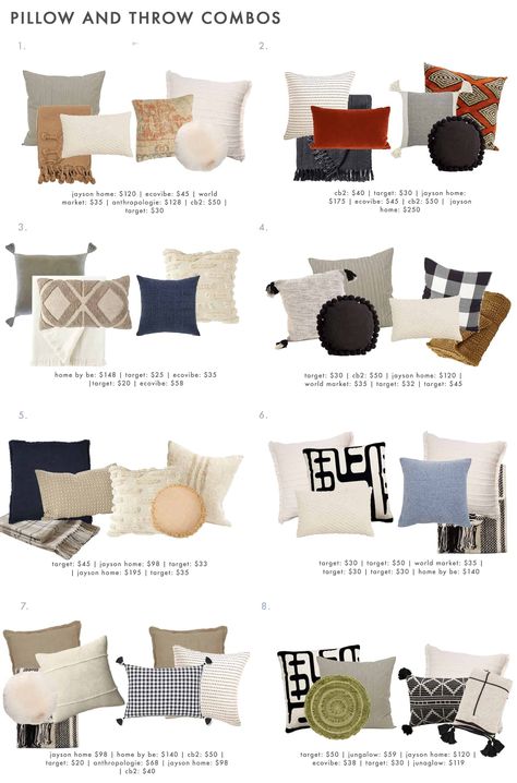 Design 101: How To Style Pillows On A Sofa Like A Pro (Plus Some Great Shoppable Combos) - Emily Henderson How Many Cushions On A Couch, Decorative Throws Blanket On Couch, Throw Pillow Styling Couch, Cushion Decor Living Rooms, How To Decorate With Throw Pillows, Decorating With Throw Pillows, Eclectic Pillows On Couch, Modern Pillows On Couch, Pillow Combos Gray Couch